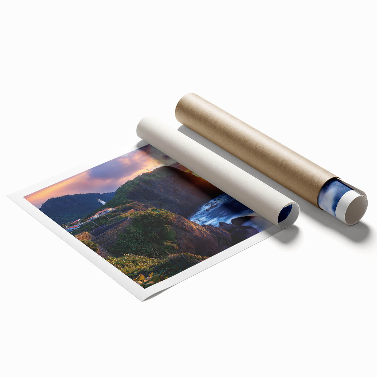 Vibrant rolled print of a stunning cliff landscape, showcasing intricate details and rich colors, packaged securely in a protective tube for safe transport.