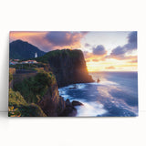Stretched canvas artwork depicting a scenic landscape of rugged cliffs under a vibrant blue sky, ideal for home decor and nature-themed interiors.