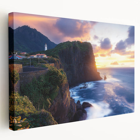 Stretched canvas artwork depicting a dramatic cliff landscape with vibrant colors and intricate details, ideal for enhancing modern home decor.