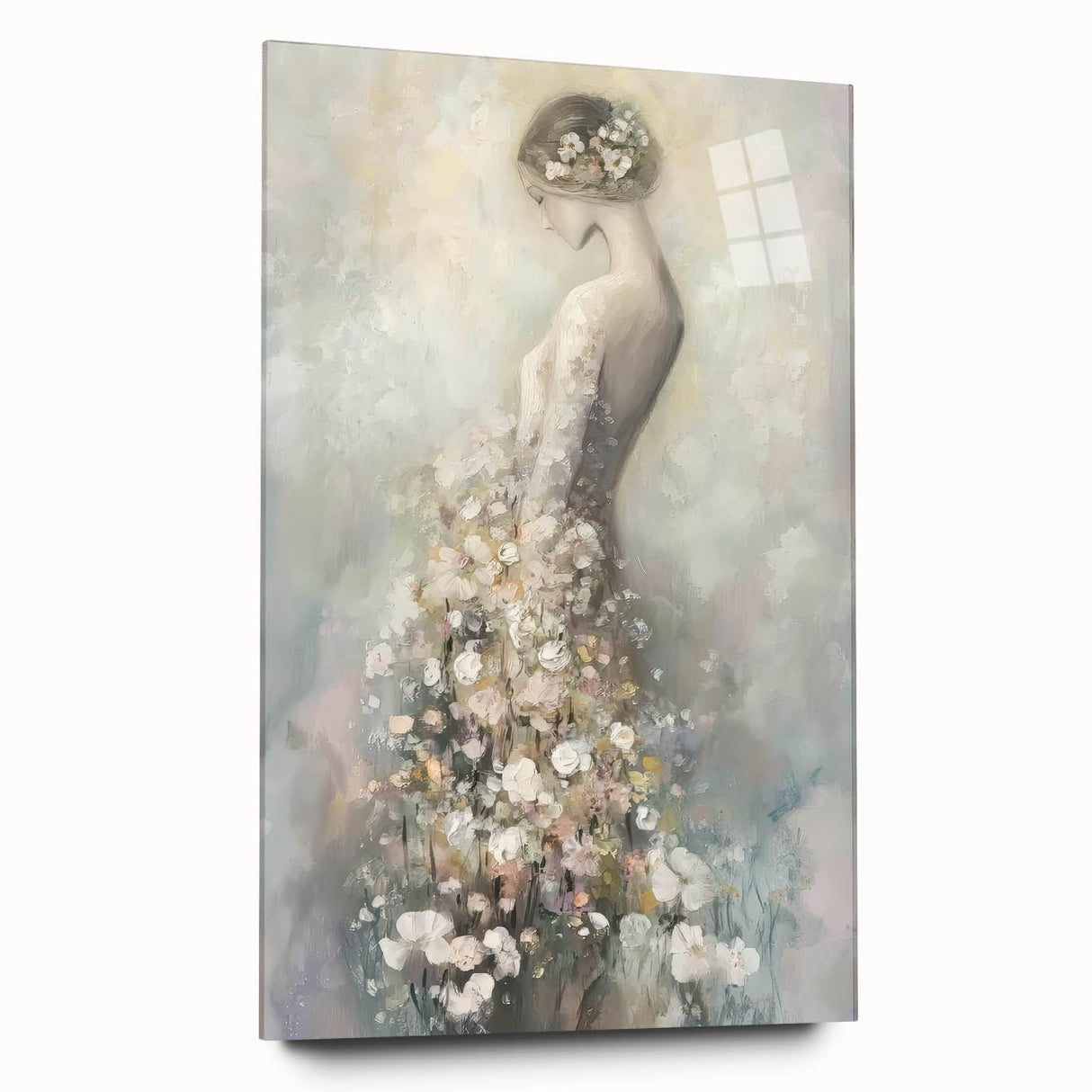 Abstract figurative acrylic artwork displayed in a glass frame, showcasing vibrant colors and intricate details, perfect for modern home decor. The piece emphasizes fluid shapes and dynamic forms, adding a contemporary touch to any room.