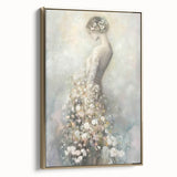 Abstract figurative framed canvas artwork showcasing a gold-hued design, viewed from the side, emphasizing its elegant frame and intricate details, perfect for modern decor.