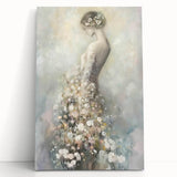 Abstract figurative stretched canvas artwork featuring bold colors and dynamic shapes, leaning against a neutral wall. Ideal for modern home decor, adding a vibrant touch.