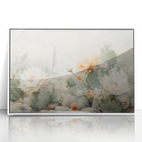 Framed abstract floral wall art featuring vibrant colors and intricate designs, set in a sleek white frame, perfect for modern home decor.