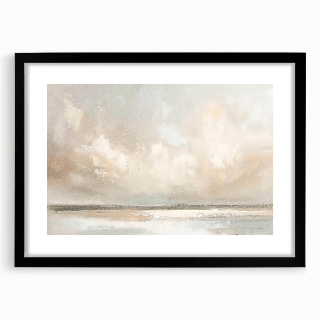 Abstract landscape wall art in a black frame with a white mat, showcasing vibrant colors and dynamic shapes, perfect for modern home decor.