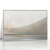 Framed acrylic wall art depicting abstract landscapes in soft pastel colors, featuring flowing shapes and textures, perfect for modern home decor.