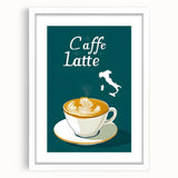 Abstract art print featuring swirling blues and greens on a white framed canvas, ideal for dining room decor.