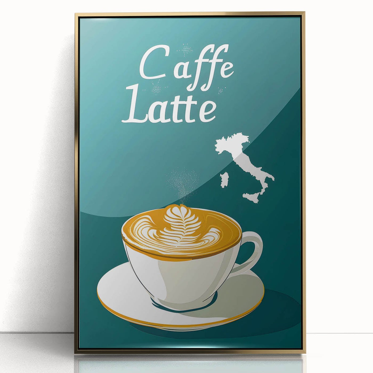 Large art print of a mid-century modernist food and drinks illustration in gold and white tones, framed acrylic.