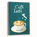 Landscape art painting featuring a silver-framed canvas of colorful, vintage poster art of food and drinks.