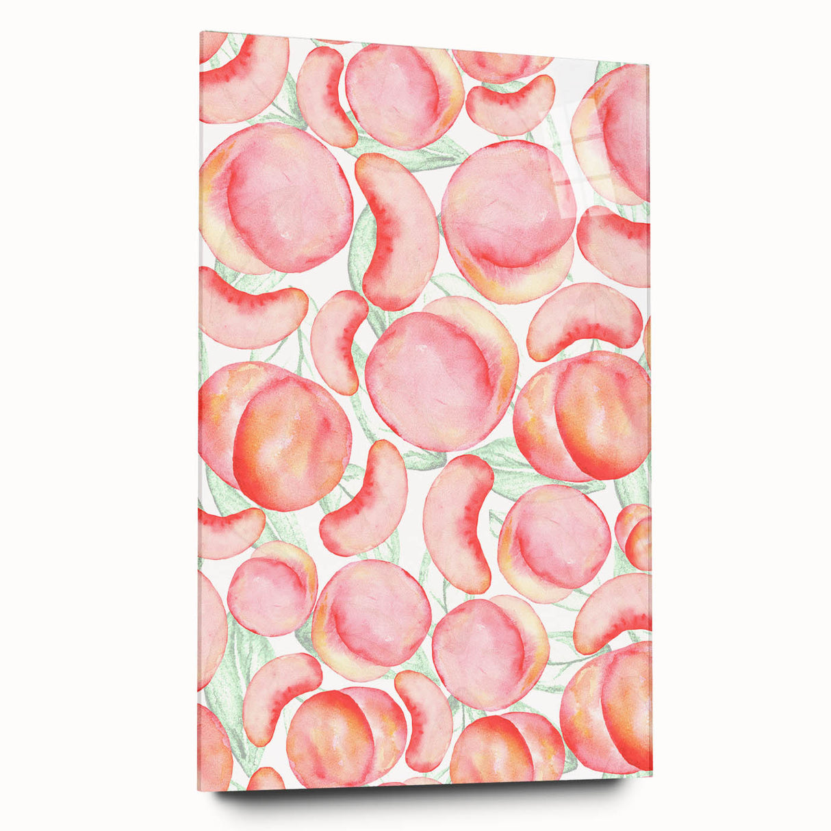 Large abstract wall art featuring assorted fruits in vibrant colors on acrylic glass, ideal for bedroom or dining room decor.