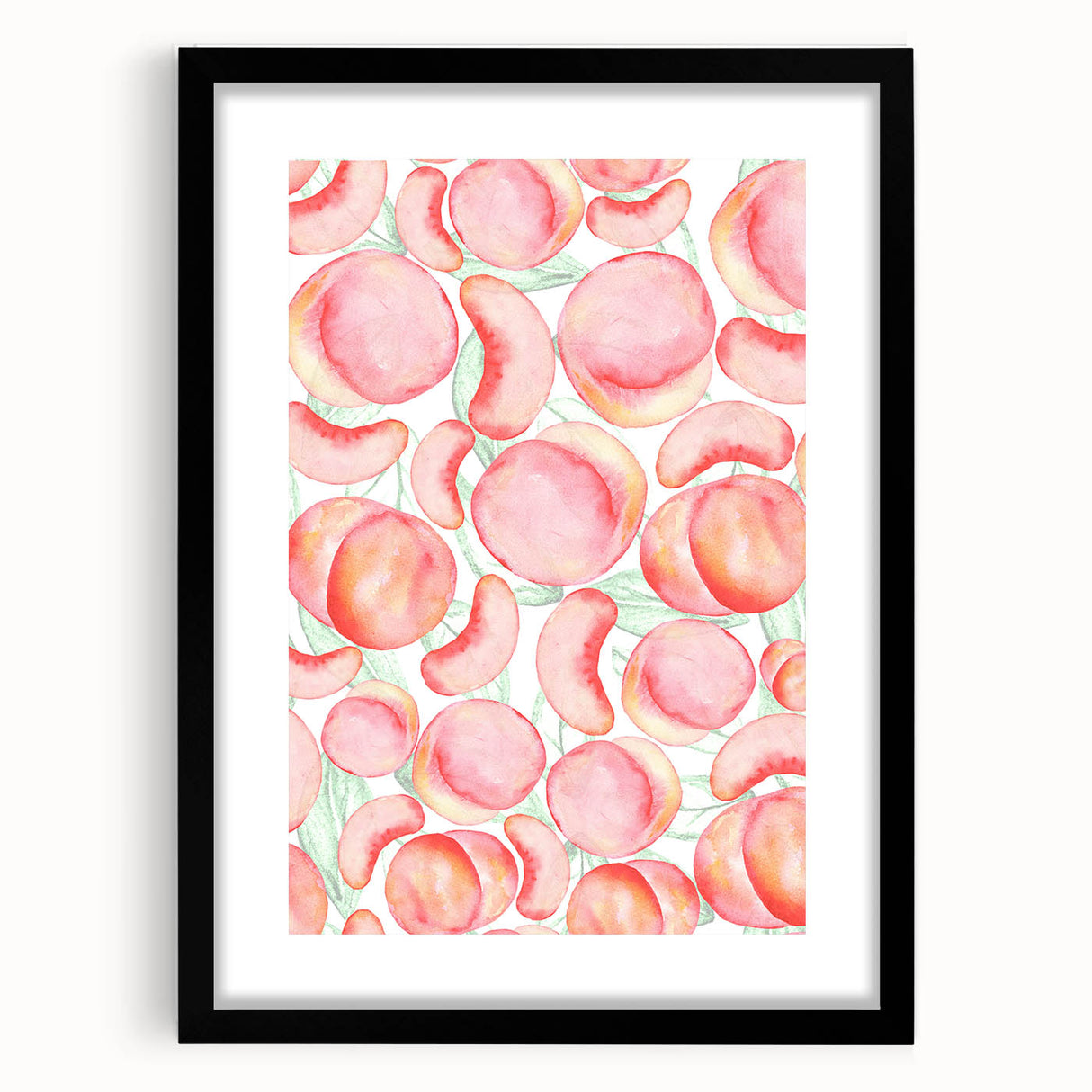 Extra large abstract art print featuring colorful, textured depiction of fruits on a black framed canvas.