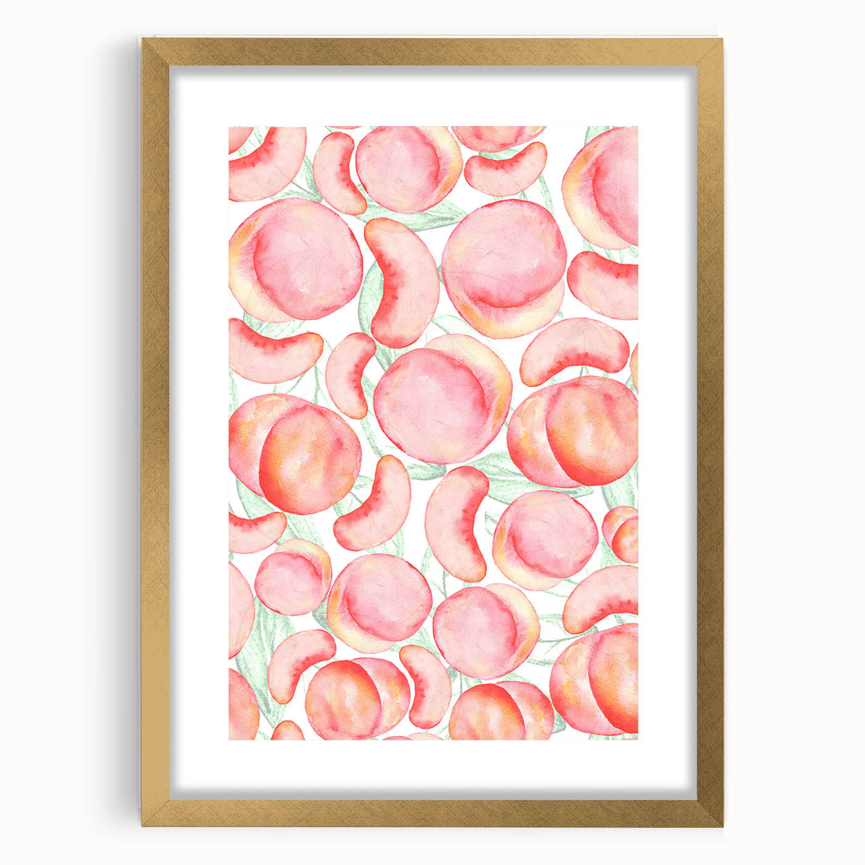 Extra large abstract art print featuring a textured mix of vibrant fruits, framed in gold, ideal for living room decor.