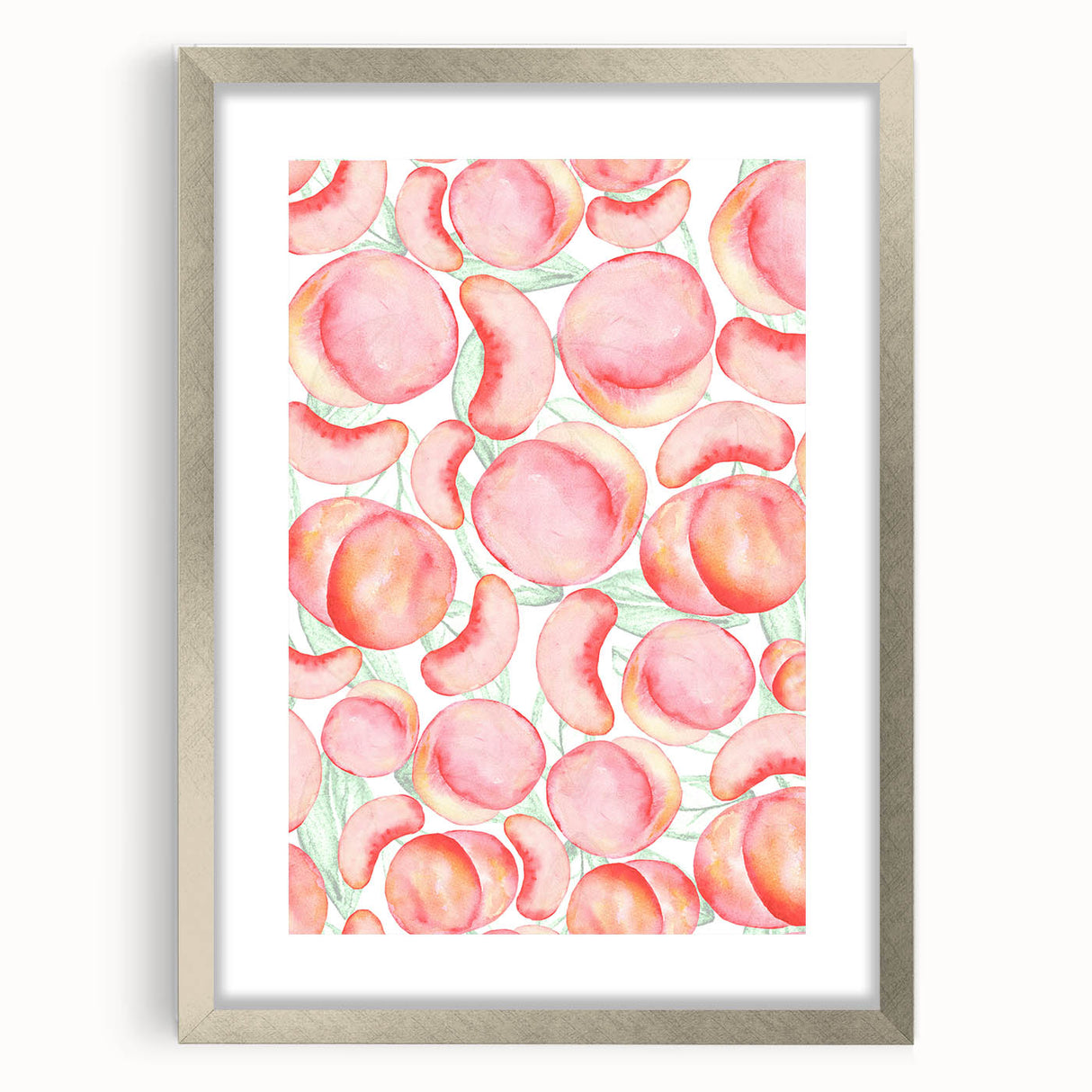 Textured art featuring abstract fruit designs in vibrant colors, framed in silver, ideal for bedroom decor.