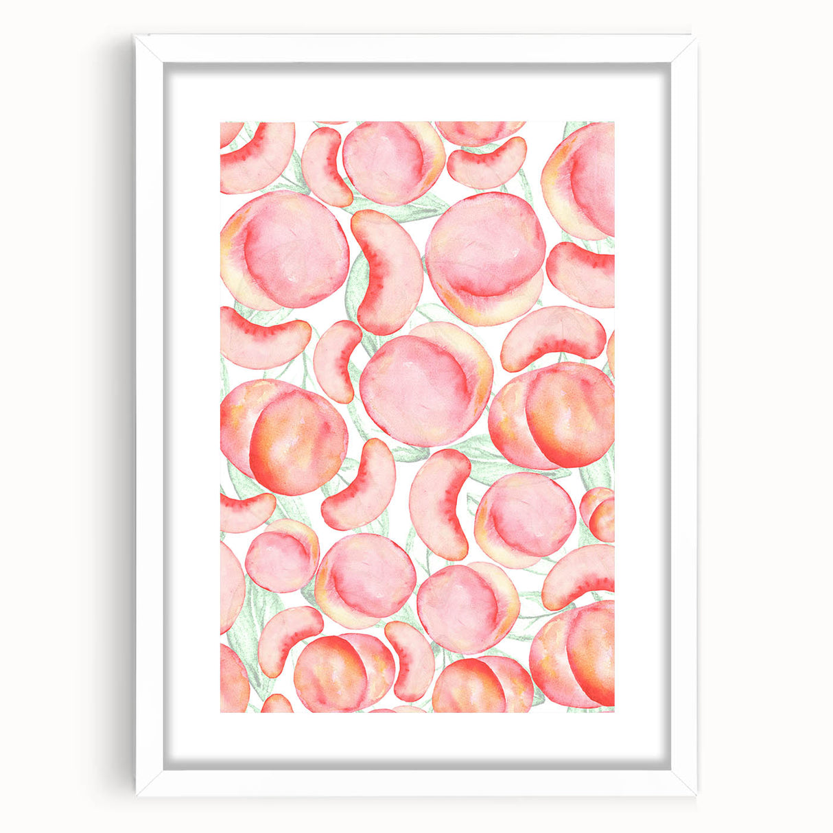 Abstract art print featuring assorted fruits in vibrant colors on a white framed mat, suitable for dining room decor.