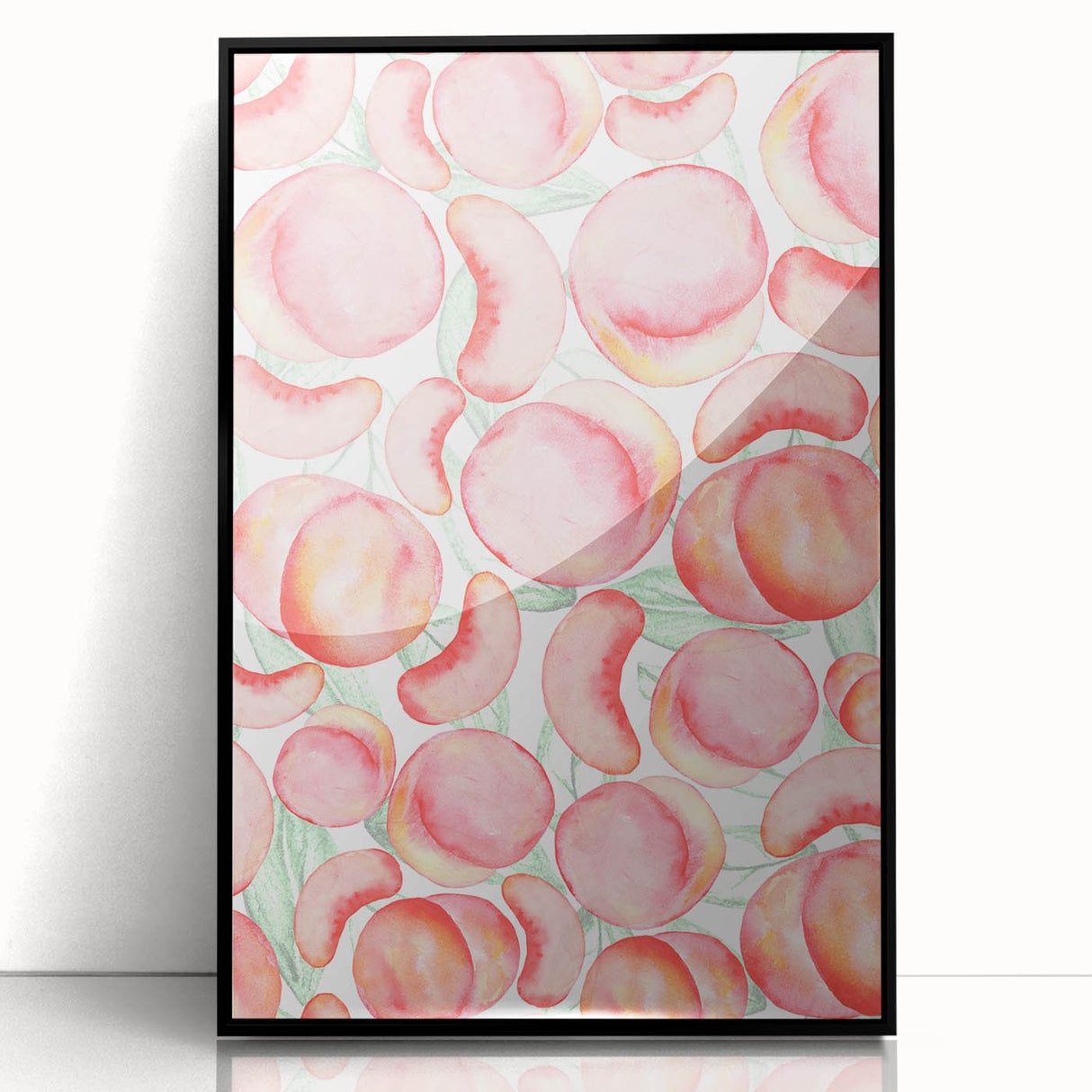 Large abstract wall art featuring assorted fruits in bold colors on acrylic, framed in black, suitable for dining room decor.