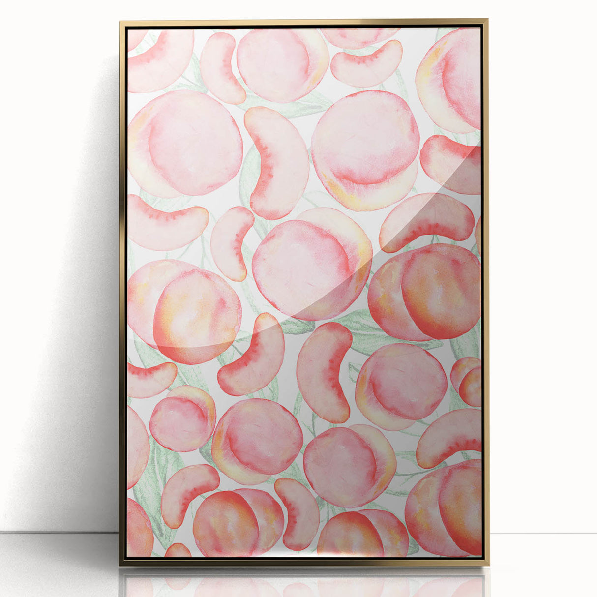Large art print of colorful fruits in mid-century modernist style, acrylic in gold frame, ideal for nursery wall decor.