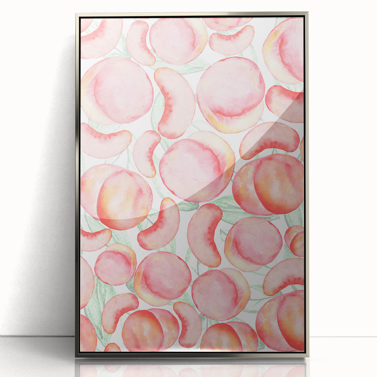 Mid-century modernist art featuring an array of fruits in vibrant colors on a silver-framed acrylic.