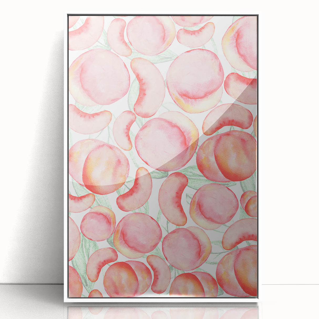 Art deco poster featuring an array of colorful fruits on a white acrylic framed print, suitable for modern nursery decor.