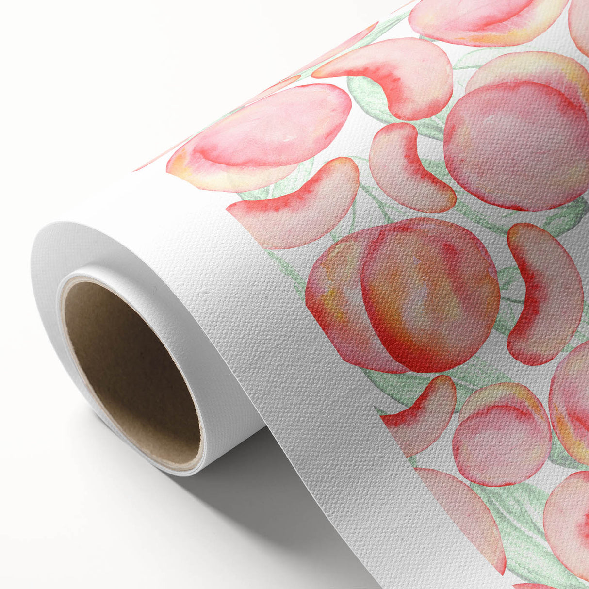 Art Deco style poster featuring assorted fruits in bold colors on rolled canvas.