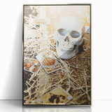 Mid-century modernist art depicting autumn trees in orange and brown tones on a silver-framed acrylic print.