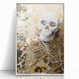 Art deco poster featuring a stylized autumn landscape in orange and brown hues, framed in white acrylic.