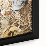 Close-up of extra large black wall art featuring colorful, textured fall foliage on a framed canvas.