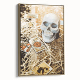 Framed canvas depicting a vintage landscape painting of autumn trees in gold and black tones, suitable for bedroom decor.