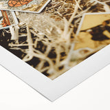 Art deco poster featuring a stylized fall landscape in orange and brown tones on rolled canvas.