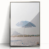 Mid-century modernist art depicting a summer scene in vibrant colors on a framed acrylic silver frame.