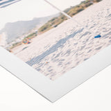 Art deco poster featuring a stylized summer scene in bold orange and teal, printed on rolled canvas.