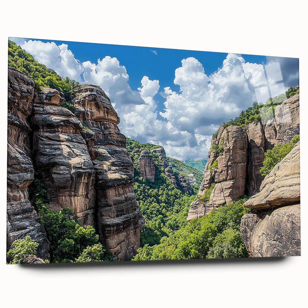Acrylic glass artwork showcasing a vibrant landscape of rugged cliffs under a blue sky. The side view emphasizes the artwork's depth and clarity, ideal for modern decor.