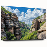 Acrylic glass artwork showcasing a vibrant landscape of rugged cliffs under a blue sky. The side view emphasizes the artwork's depth and clarity, ideal for modern decor.