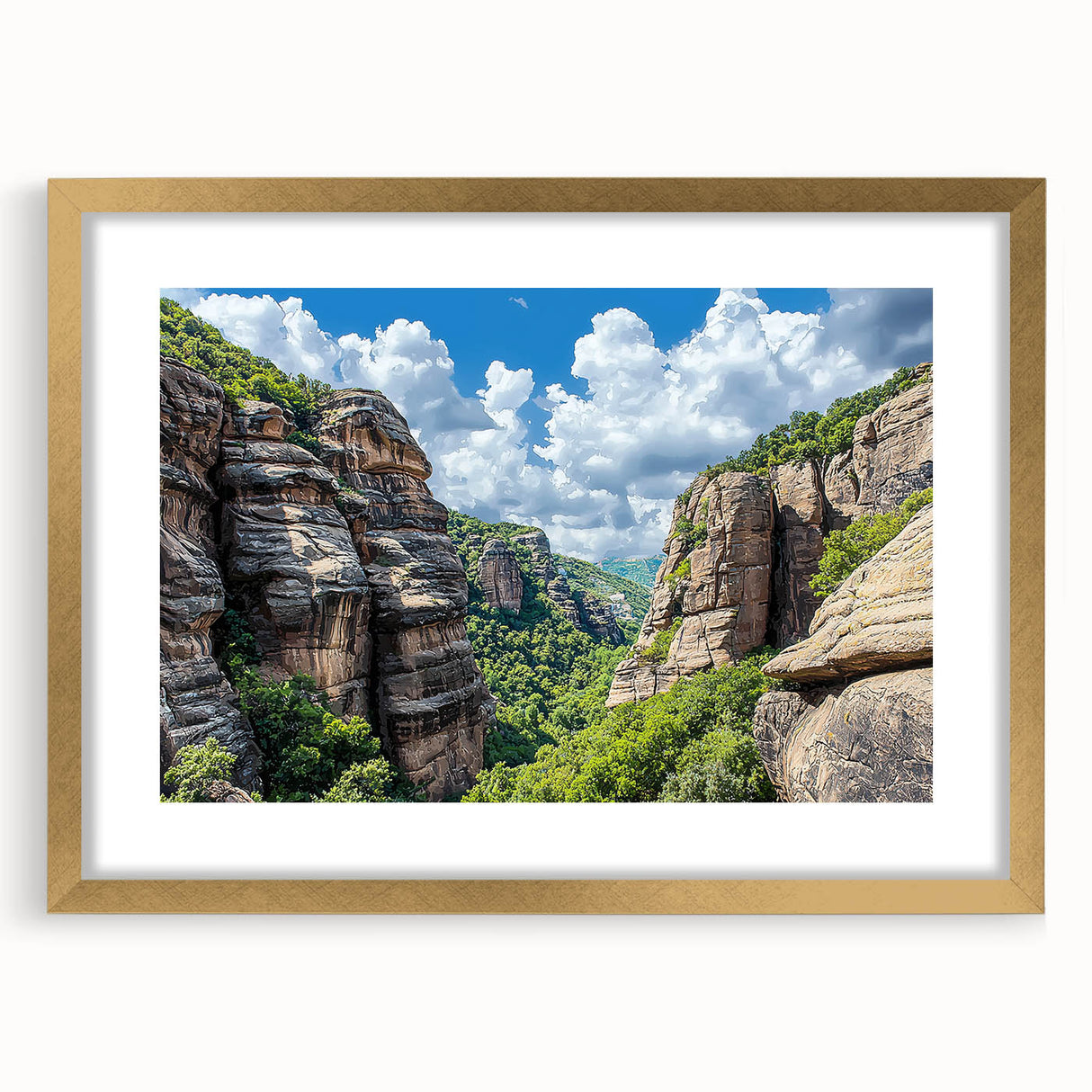 Elegant gold-framed landscape art featuring dramatic cliffs, showcasing a beautiful natural scene with vibrant colors and detailed textures, perfect for home decor.