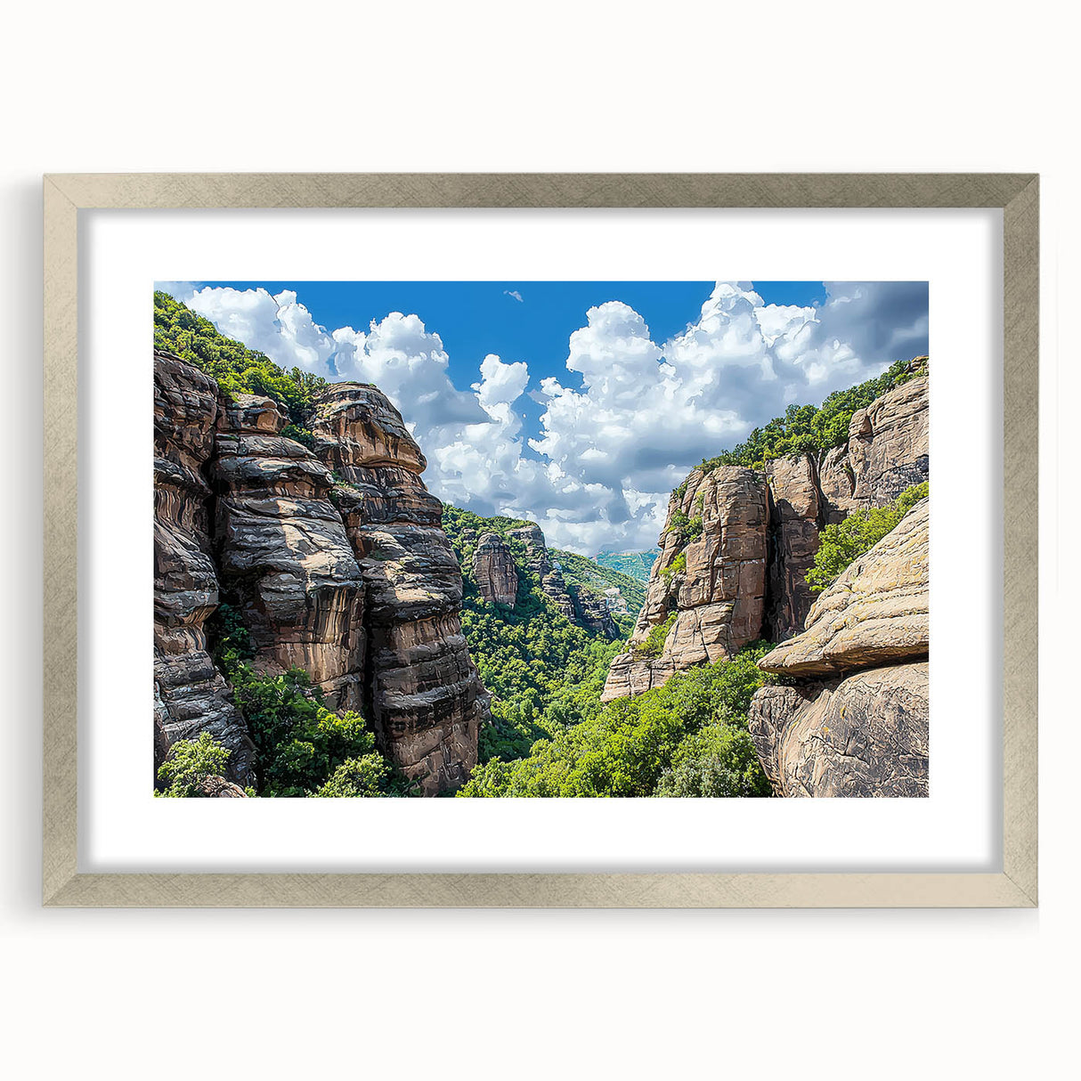 Silver-framed landscape artwork showcasing dramatic cliffs, elegantly matted for a polished look, perfect for home decor or office spaces. Ideal for nature lovers.