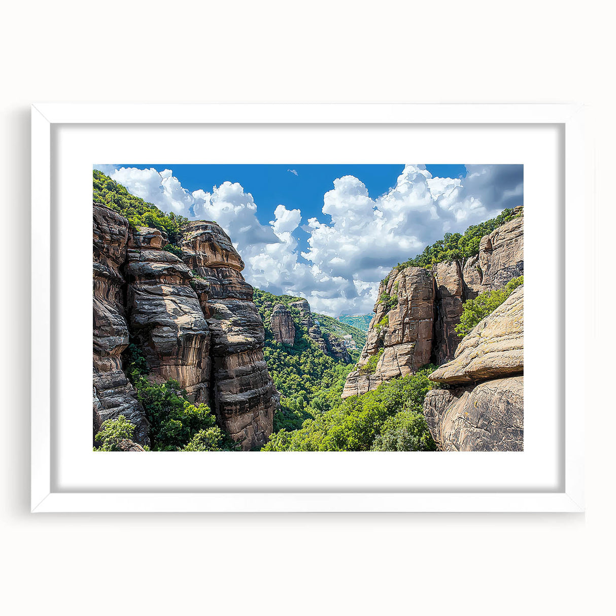 Framed landscape art print showcasing dramatic cliffs and serene natural scenery, featuring a white mat and sleek frame, perfect for home decor enhancement.
