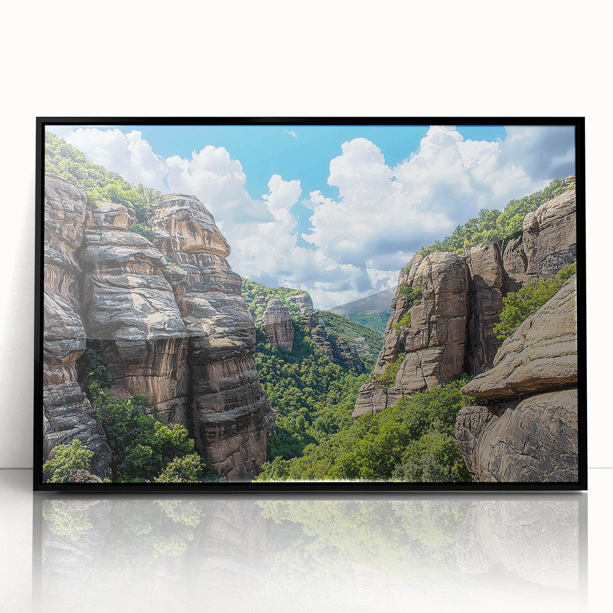 Framed acrylic artwork showcasing a dramatic cliff landscape with rich colors and intricate details, set against a sleek black frame for modern decor.