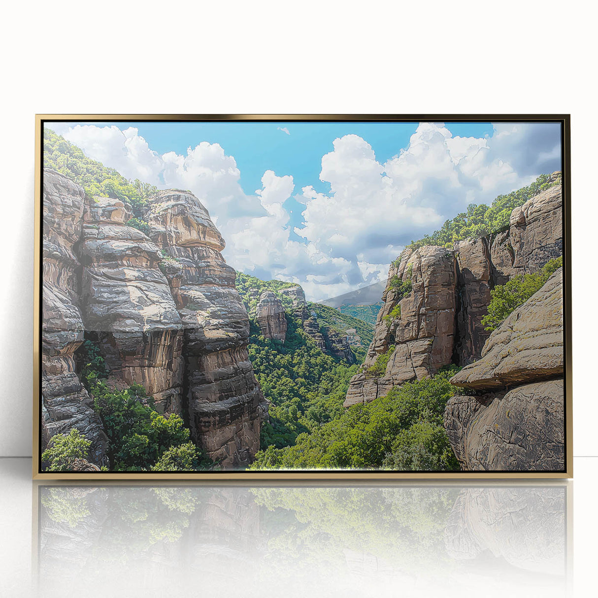Framed acrylic artwork showcasing a stunning landscape of dramatic cliffs, highlighted by a gold frame, perfect for enhancing home decor with a touch of elegance.