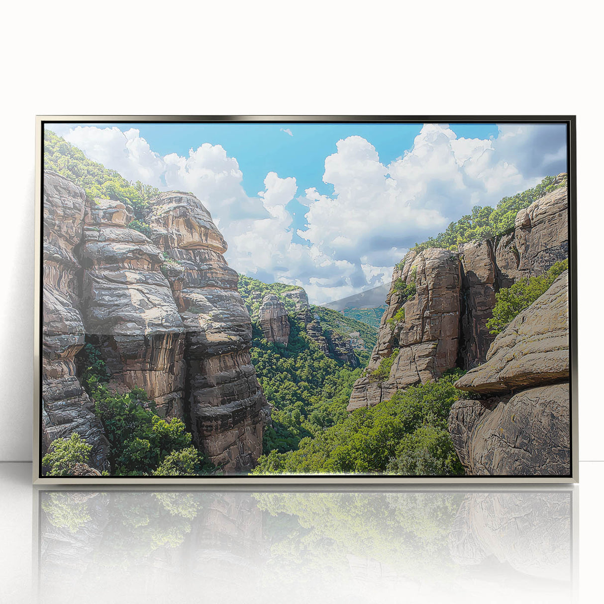 Framed acrylic artwork showcasing a stunning landscape of dramatic cliffs, highlighted by silver accents and a modern design, perfect for home decor.