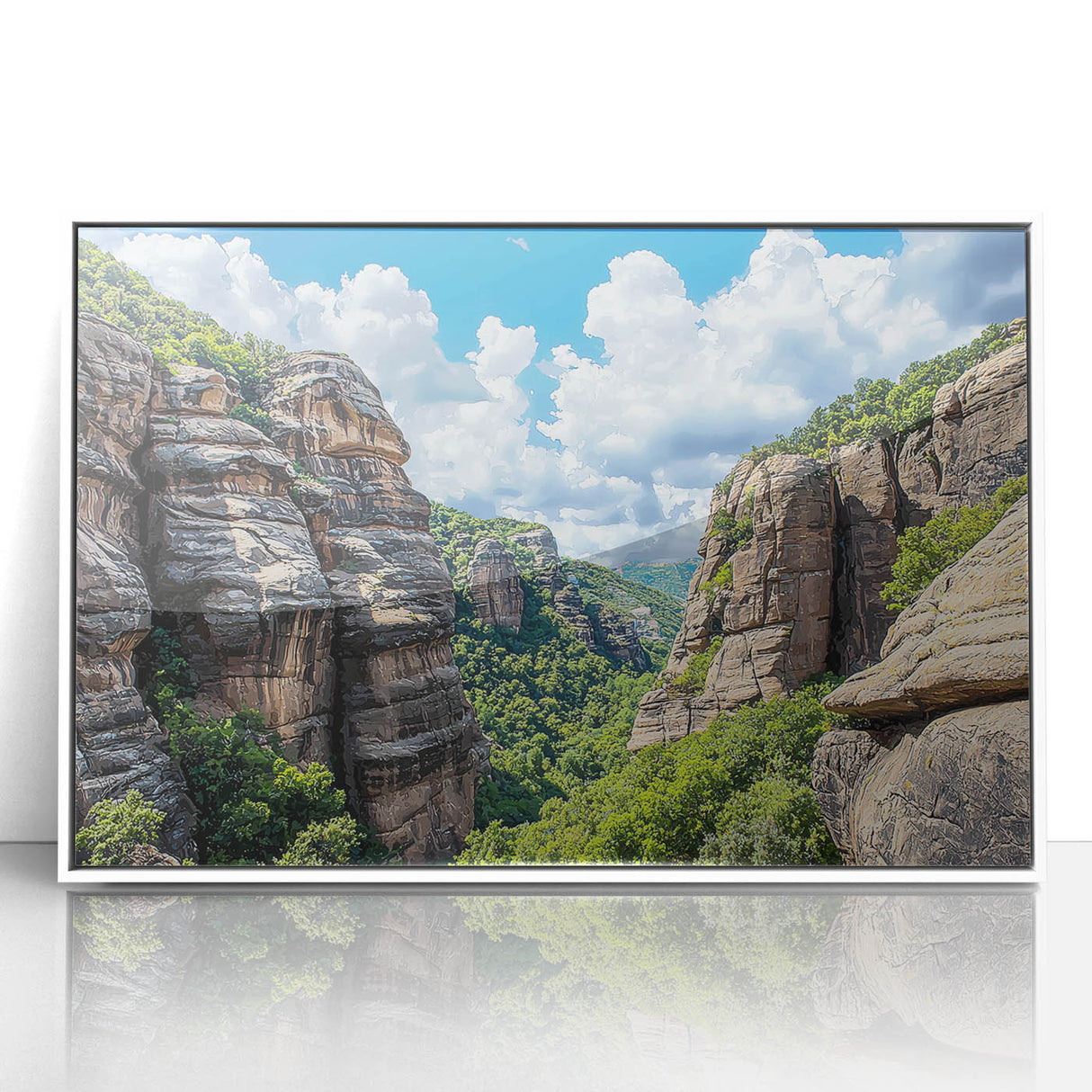 Framed acrylic wall art depicting a serene landscape with cliffs and vibrant colors, set in a sleek white frame, perfect for modern home decor.
