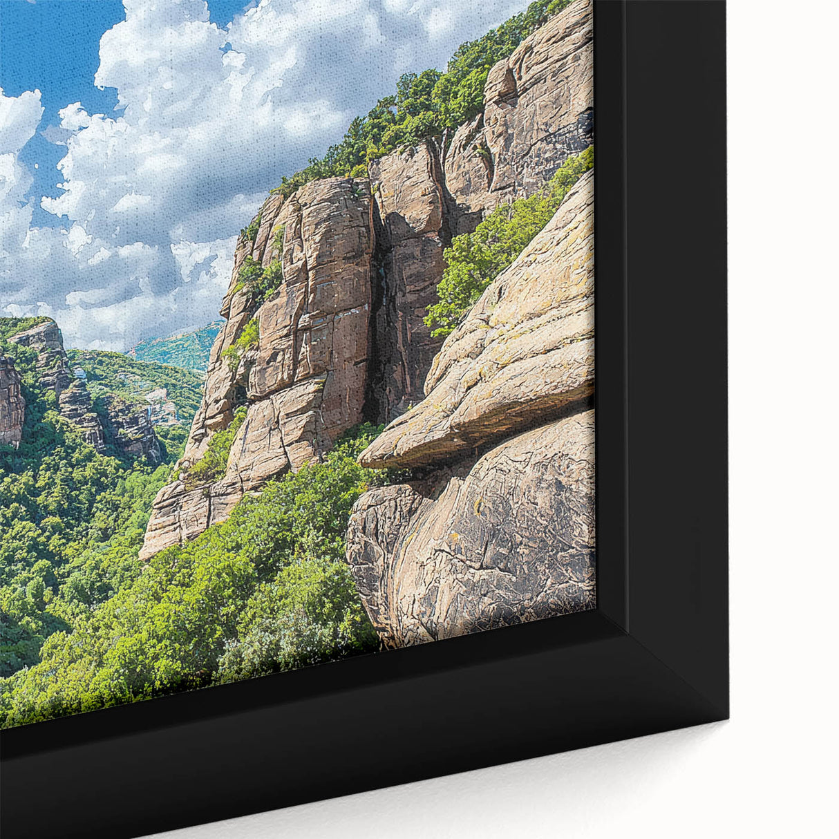 Close-up of a framed canvas depicting dramatic cliffs against a vibrant sunset, showcasing rich colors and intricate textures, perfect for landscape art lovers.