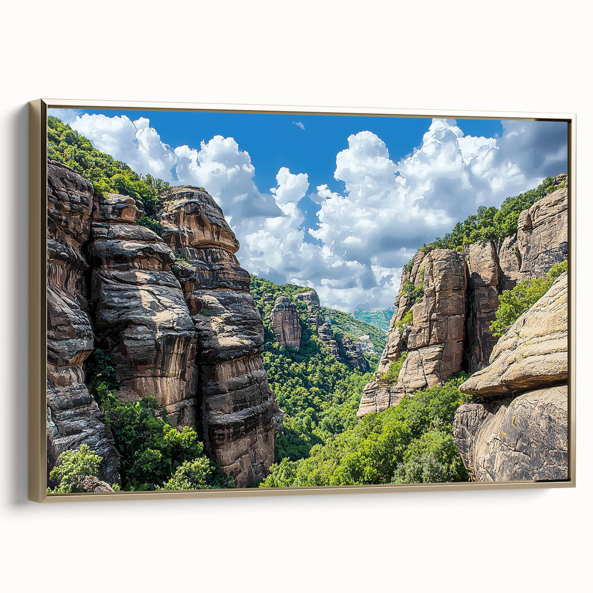 Framed canvas artwork depicting a breathtaking cliff landscape in warm gold tones, showcasing intricate details and a side view, perfect for home decor.