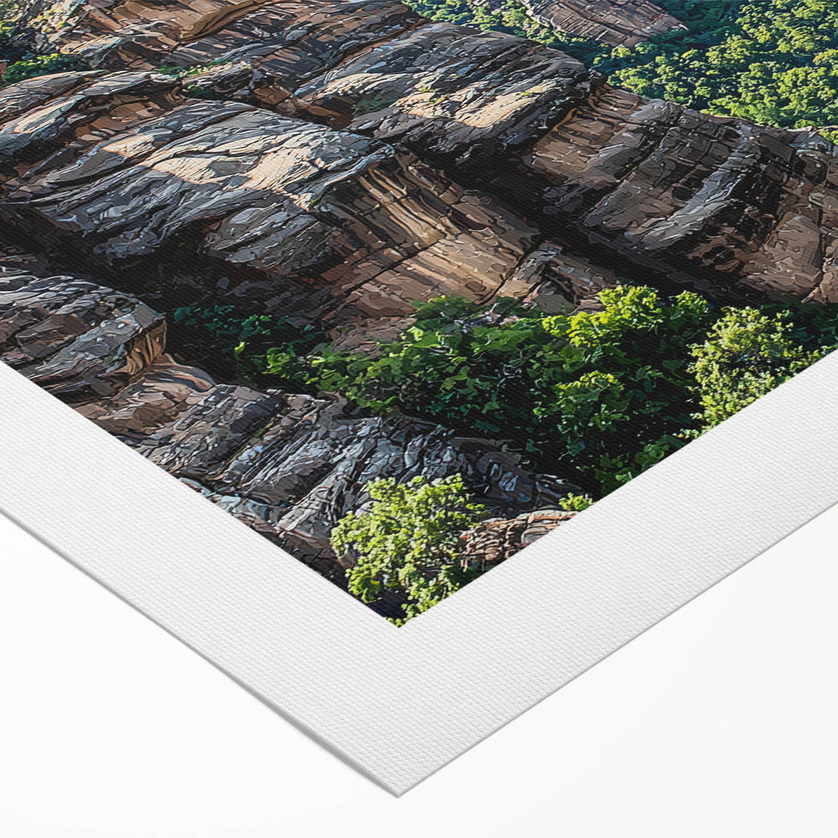 Vibrant rolled canvas depicting dramatic cliffs against a serene sky, showcasing intricate textures and colors, perfect for home decor or art lovers.
