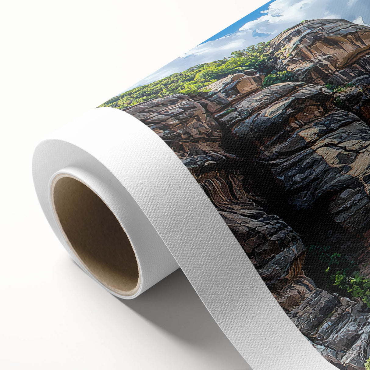 Stunning rolled canvas artwork depicting a dramatic cliff landscape, showcasing vibrant colors and intricate details, packaged securely in a protective tube.