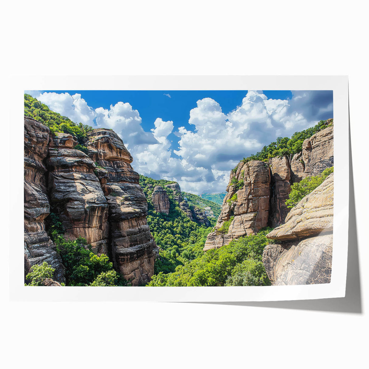 Stunning rolled canvas print showcasing a serene landscape of dramatic cliffs against a vibrant sunset, perfect for enhancing any home decor.