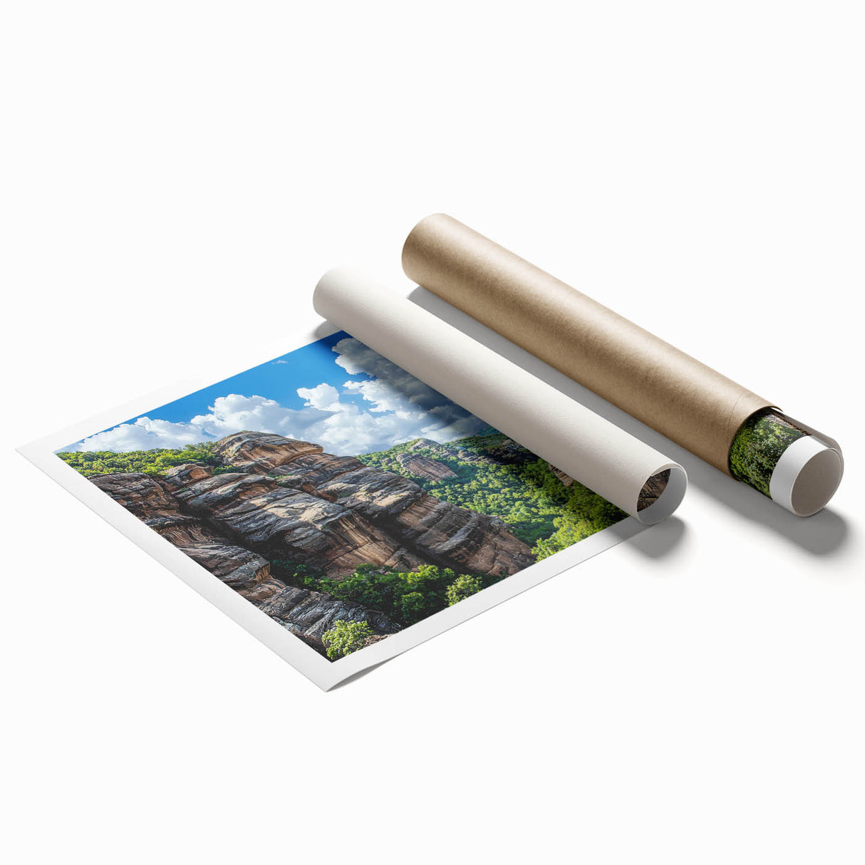 Vibrant landscape canvas print showcasing dramatic cliffs and a serene sky, rolled and securely packaged in a protective tube for easy shipping and display. Perfect for nature lovers seeking a stunning wall art addition.