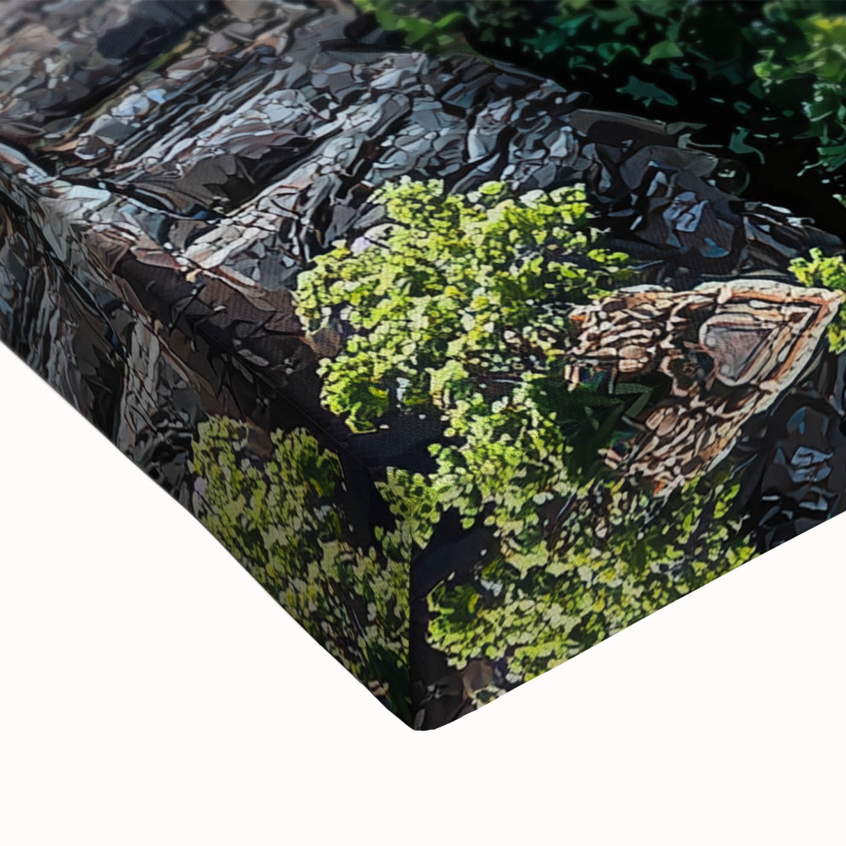 Close-up of a stretched canvas depicting a dramatic cliff landscape with vibrant colors and intricate details, perfect for home decor or art enthusiasts.