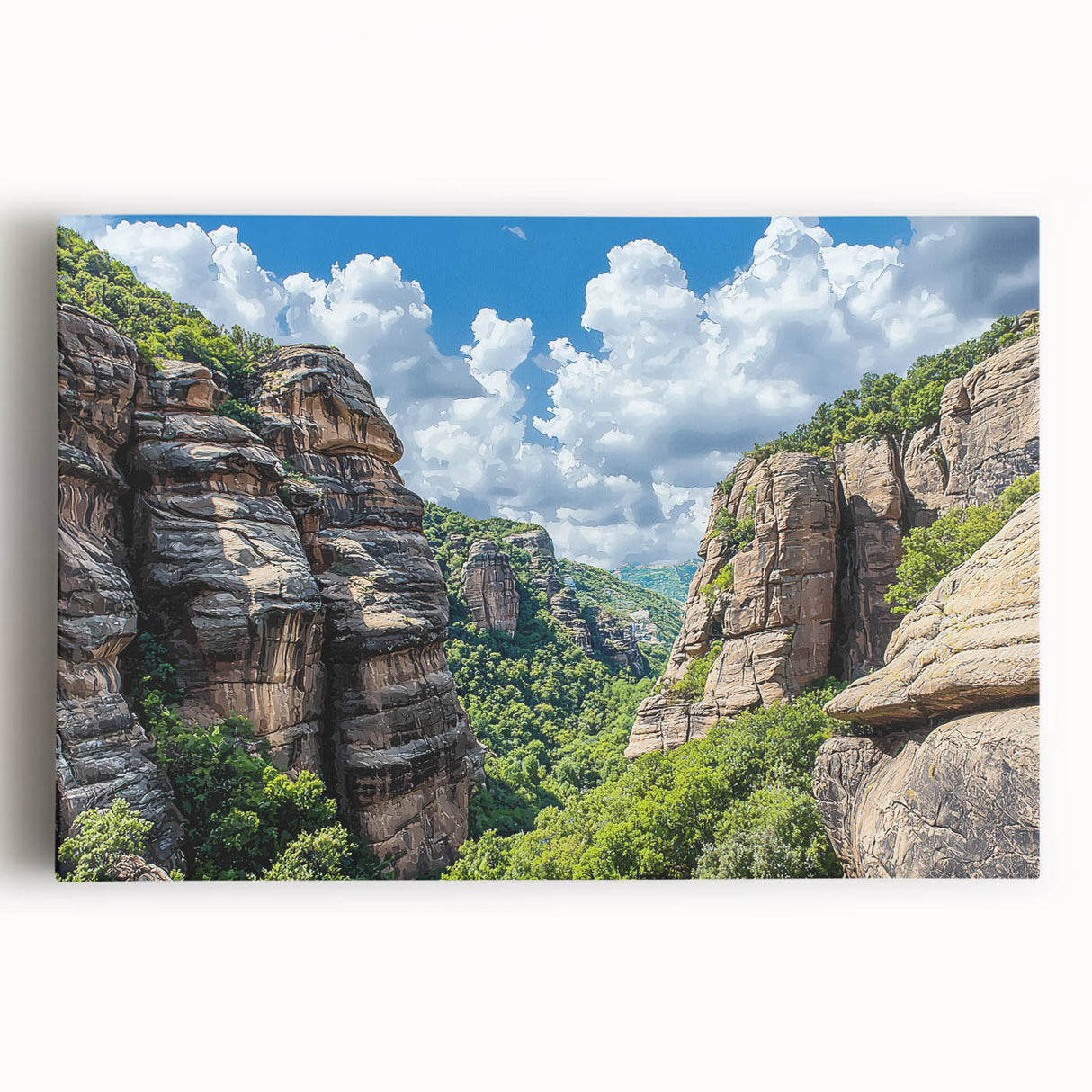 Stretched canvas artwork showcasing a breathtaking landscape of rugged cliffs under a vibrant sunset, perfect for modern home decor or art enthusiasts.
