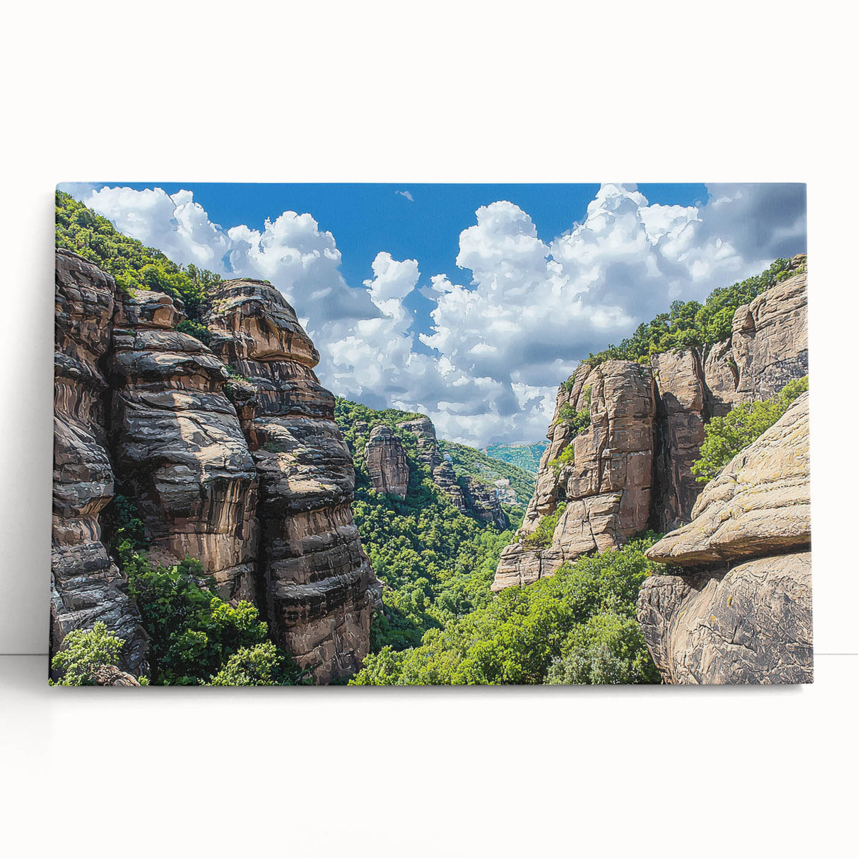 Stretched canvas artwork showcasing a dramatic cliff landscape, rich in earthy tones and textures, ideal for enhancing modern home decor aesthetics.