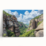 Stretched canvas artwork showcasing a dramatic cliff landscape, rich in earthy tones and textures, ideal for enhancing modern home decor aesthetics.