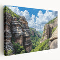 Stretched canvas artwork depicting a dramatic cliff landscape at sunset, showcasing vibrant colors and intricate details, perfect for enhancing modern home decor.