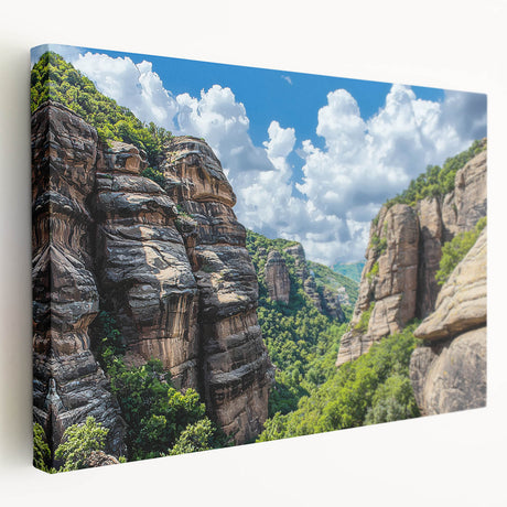 Stretched canvas artwork depicting a dramatic cliff landscape at sunset, showcasing vibrant colors and intricate details, perfect for enhancing modern home decor.
